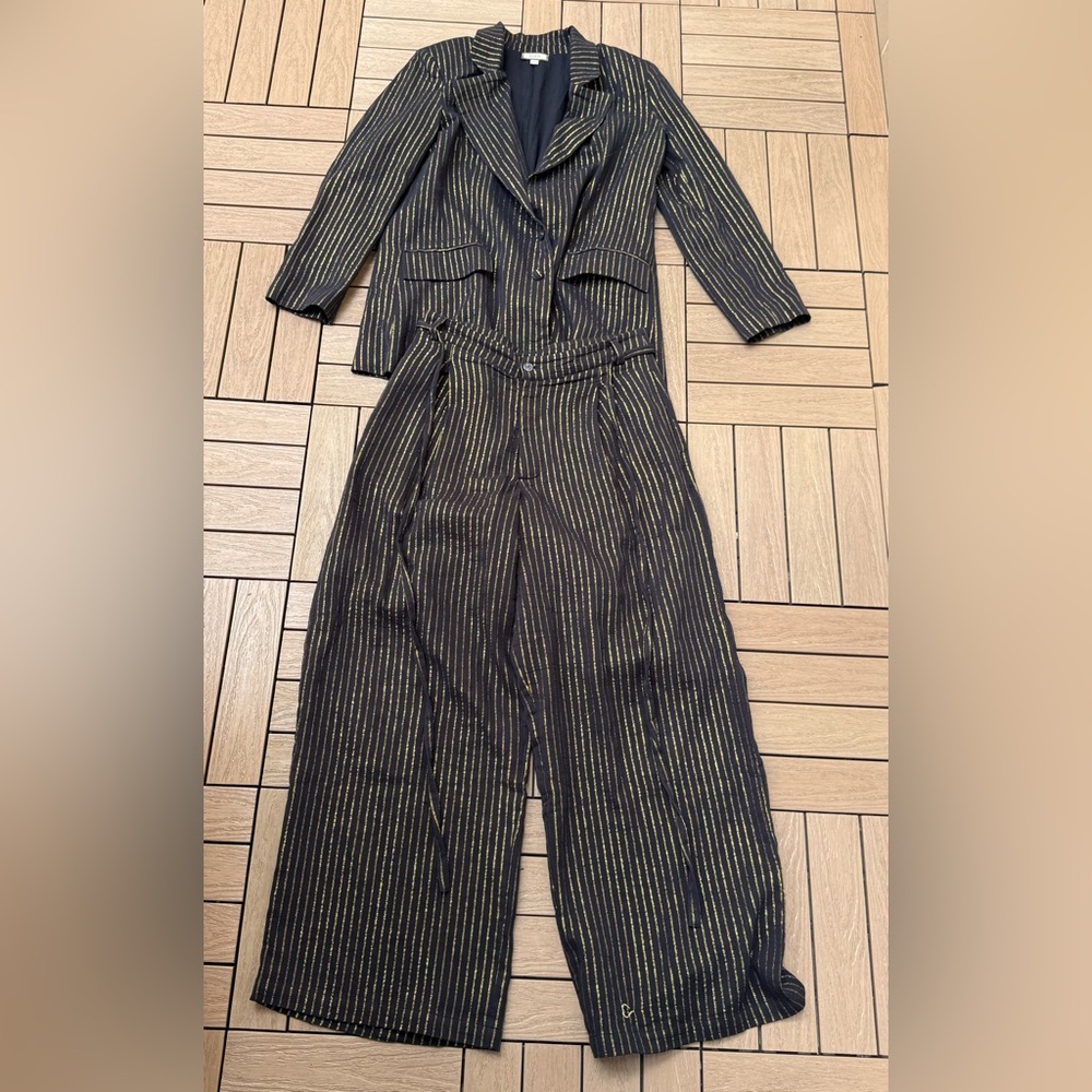 EDDY gold and navy striped light cotton suit blazer and wide leg pants
